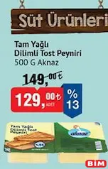 AKNAZ TAM YAĞLI DİLİMLİ TOST PEYNİRİ 500 G